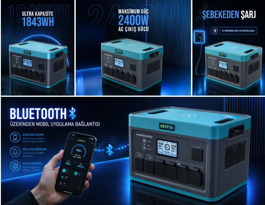 ANTFEA H2400 Pro Taşınabilir Güç Kaynağı + 2 adet 300W Taşınabilir Güneş Paneli + Güneş Paneli Paralelleme Kablosu [ 2.4 kW / 1.8 kWh / 600 W ]